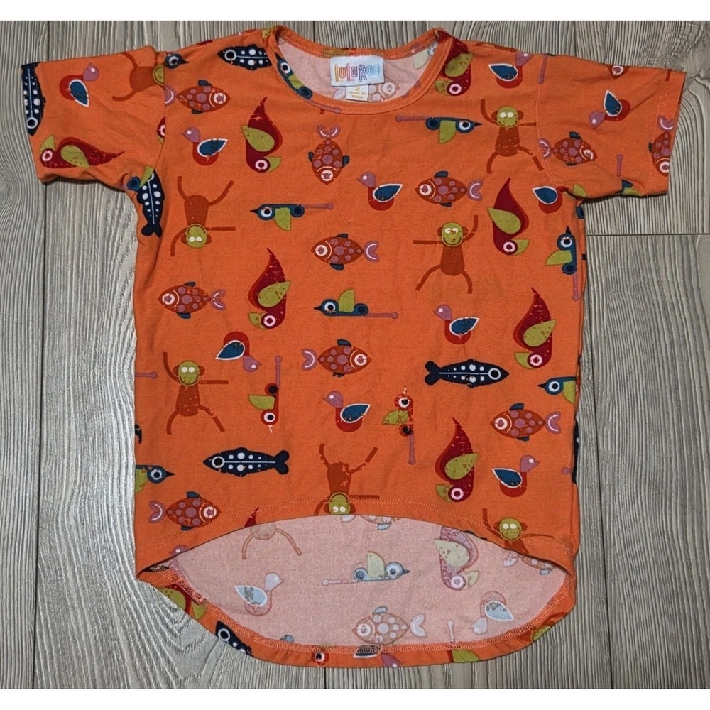 Lularoe Shirt Top Kids Girls Size 2 Orange Birds Fish Monkey